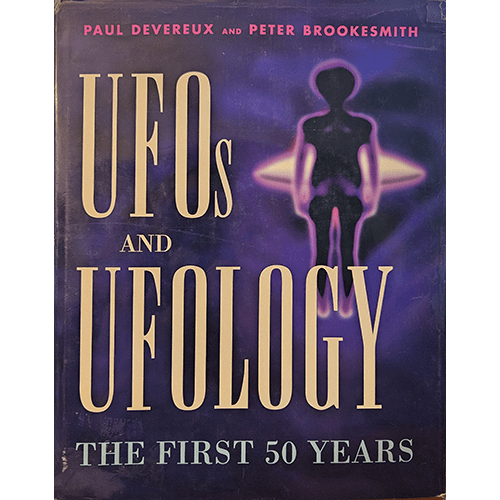 Purple-toned cover of UFOs and Ufology: The First 50 Years featuring a silhouette of a human figure against glowing lights, with bold title text.