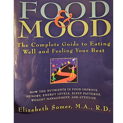 The cover of Food & Mood by Elizabeth Somer features a purple background with colorful, playful typography and illustrations. The subtitle highlights how nutrients influence memory, energy, sleep, and mood.