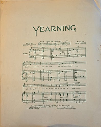Sheet music cover for 'Yearning' with sheet music and title text.