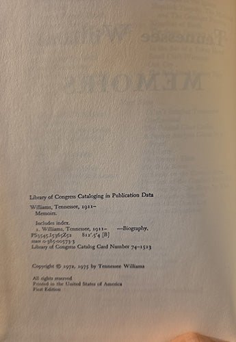 Copyright page of Memoirs by Tennessee Williams showing 1975 copyright date and first edition publication details.