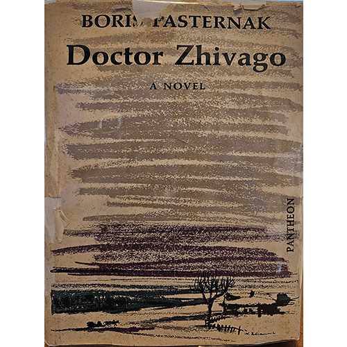 The cover of "Doctor Zhivago" by Boris Pasternak features a vintage, weathered design with the title in bold, black lettering. The lower portion depicts a stark winter landscape, evoking the novel's Russian setting.