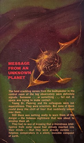 A vintage sci-fi book cover or poster featuring a dark abstract background with a glowing spherical object and red text reading 'MESSAGE FROM AN UNKNOWN PLANET' above a block of descriptive text.