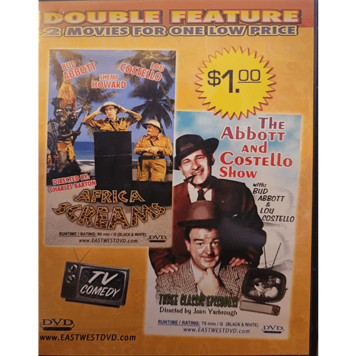 The DVD cover of Abbott and Costello Double Feature showcases Africa Screams and Three Cheers for the Boys. It features comic graphics, price tag of $1, and promotional tagline for classic TV comedy.