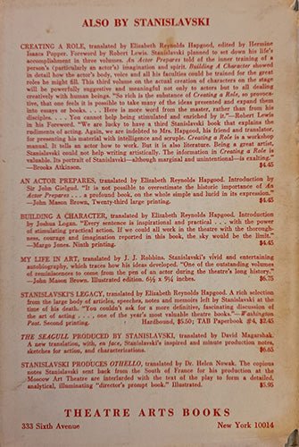 Rear dust jacket panel listing other Stanislavski works