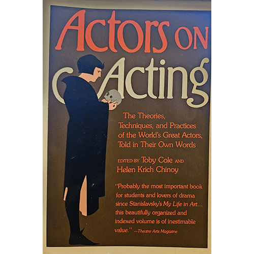 Cover of Actors on Acting featuring a stylized illustration of an actor holding a mask. The title is prominently displayed in red and beige letters, with editorial credits below in smaller text.