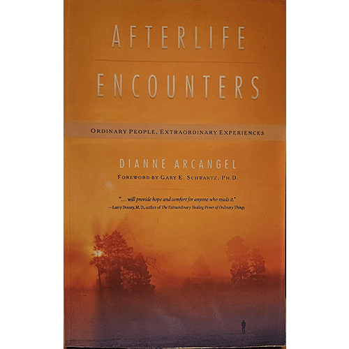 The cover of "Afterlife Encounters" by Dianne Arcangel features a serene, ethereal image with soft light, evoking a sense of peace and spirituality. The title and author's name are displayed in elegant, flowing fonts.