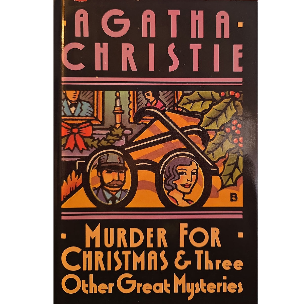 Book cover of Agatha Christie's 'Murder For Christmas & Three Other Great Mysteries' featuring a stylized illustration of a car and holiday motifs on a dark background.