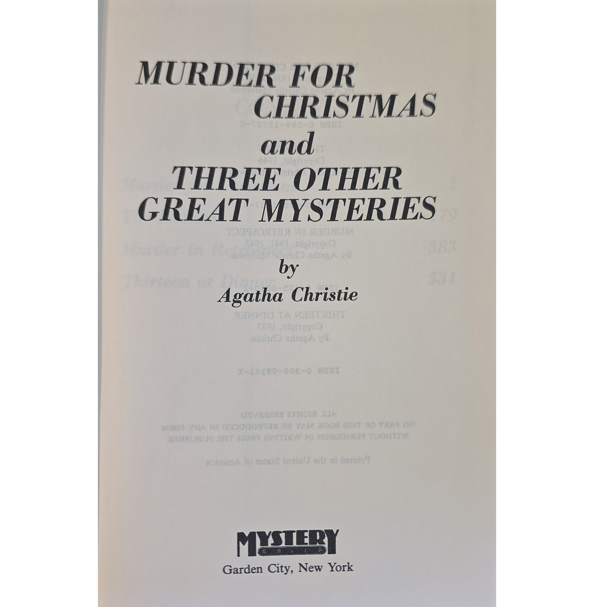 Title page of Murder for Christmas and Three Other Great Mysteries by Agatha Christie, published by Mystery Guild.