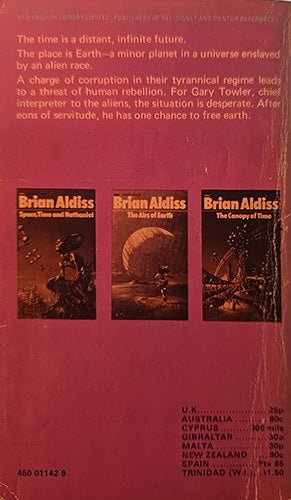 Back cover of a book titled 'The Place is Earth' by Brian Aldiss, featuring a dusty pink background with three illustrated book-cover panels and a list of regions with prices at the bottom.