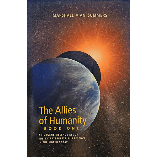 The cover of The Allies of Humanity shows a striking image of Earth with a solar eclipse in the background, symbolizing the hidden extraterrestrial influence on our world, with bold, urgent text emphasizing the message.