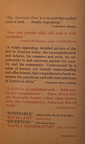 Back cover of The American Jews with review excerpts and publisher information