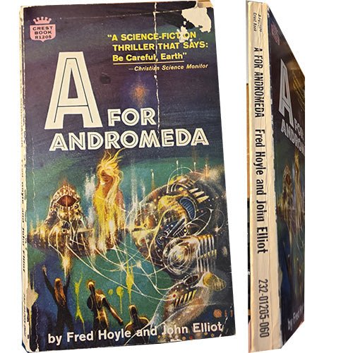 Vintage paperback book 'A For Andromeda' by Fred Hoyle and John Elliot, shown from the front cover and spine on a plain white background.