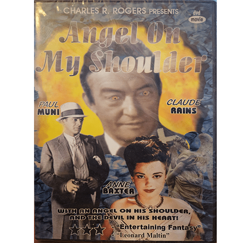 Cover of Angel on My Shoulder DVD featuring Paul Muni, Claude Rains, and Anne Baxter. The cover shows a mix of surreal fantasy imagery, with an angel, devilish flames, and 1940s-style graphics.