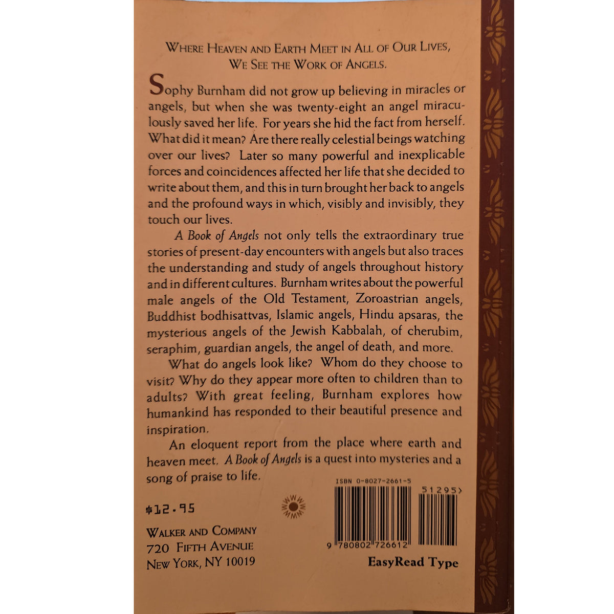 Back cover of the book 'Book of Angels' by Sophia Burnham, featuring a warm brown background with black serif text, a small sun illustration, and a barcode at the bottom.