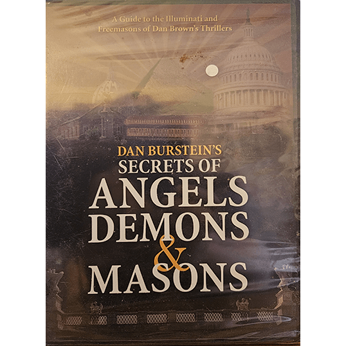 The cover of Secrets of Angels, Demons & Masons by Dan Burstein features a dark, shadowed backdrop of historical architecture, with the title prominently displayed in bold white and orange lettering.