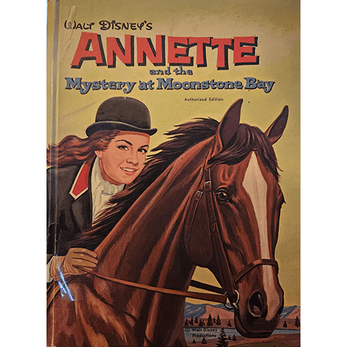 The cover of Annette and the Mystery at Moonstone Bay features Annette Funicello in riding attire, alongside a majestic horse, set against a scenic and suspenseful backdrop. A vintage Disney classic.