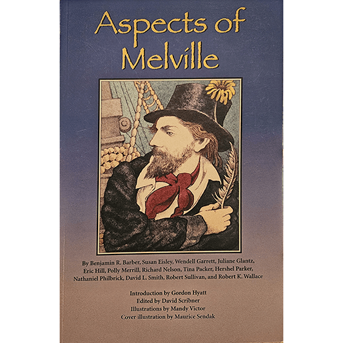 Cover of "Aspects of Melville" featuring a portrait of Herman Melville against a nautical-themed background, illustrated by Maurice Sendak. Melville is shown in a dark coat, wide-brimmed hat, and red cravat.