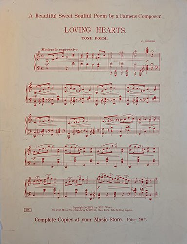 Verso of sheet music showing Loving Hearts piano music advertisement