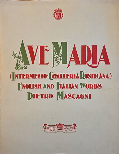Sheet music cover for 'Ave Maria' by Pietro Mascagni with decorative text and logos.