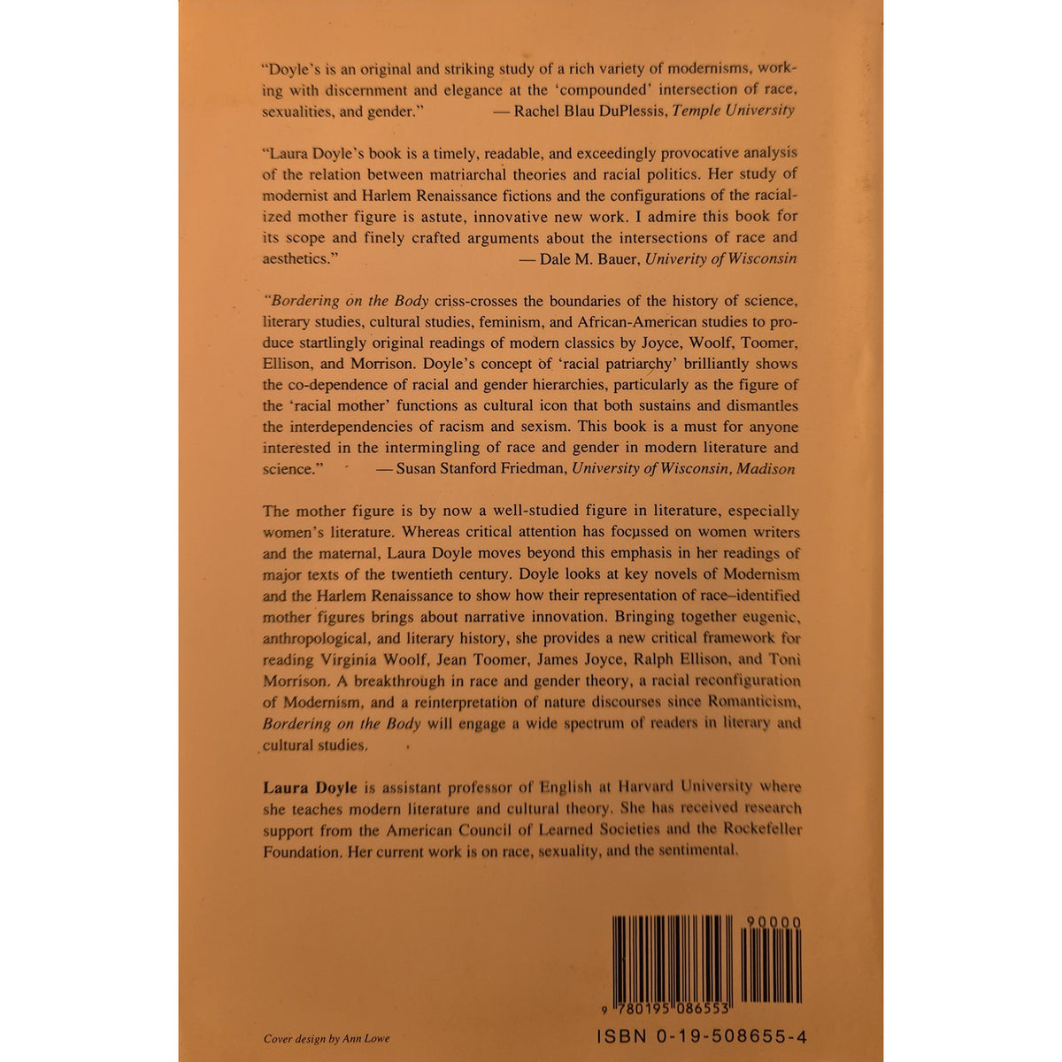 The back cover of a book showing a light beige background with a large block of brown text and a vertical orange band on the left side. The title 'The Mother Figure' is visible at the top, along with author name Laura Deople and publisher information.
