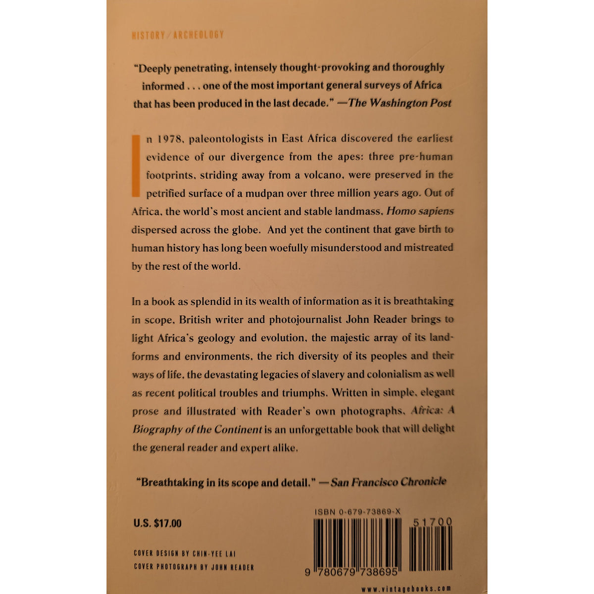 Back cover of John Reader’s Africa: A Biography of the Continent with book description and ISBN.