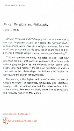 Back cover of African Religions and Philosophy by John S. Mbiti describing the book's study of traditional African religions and philosophy.