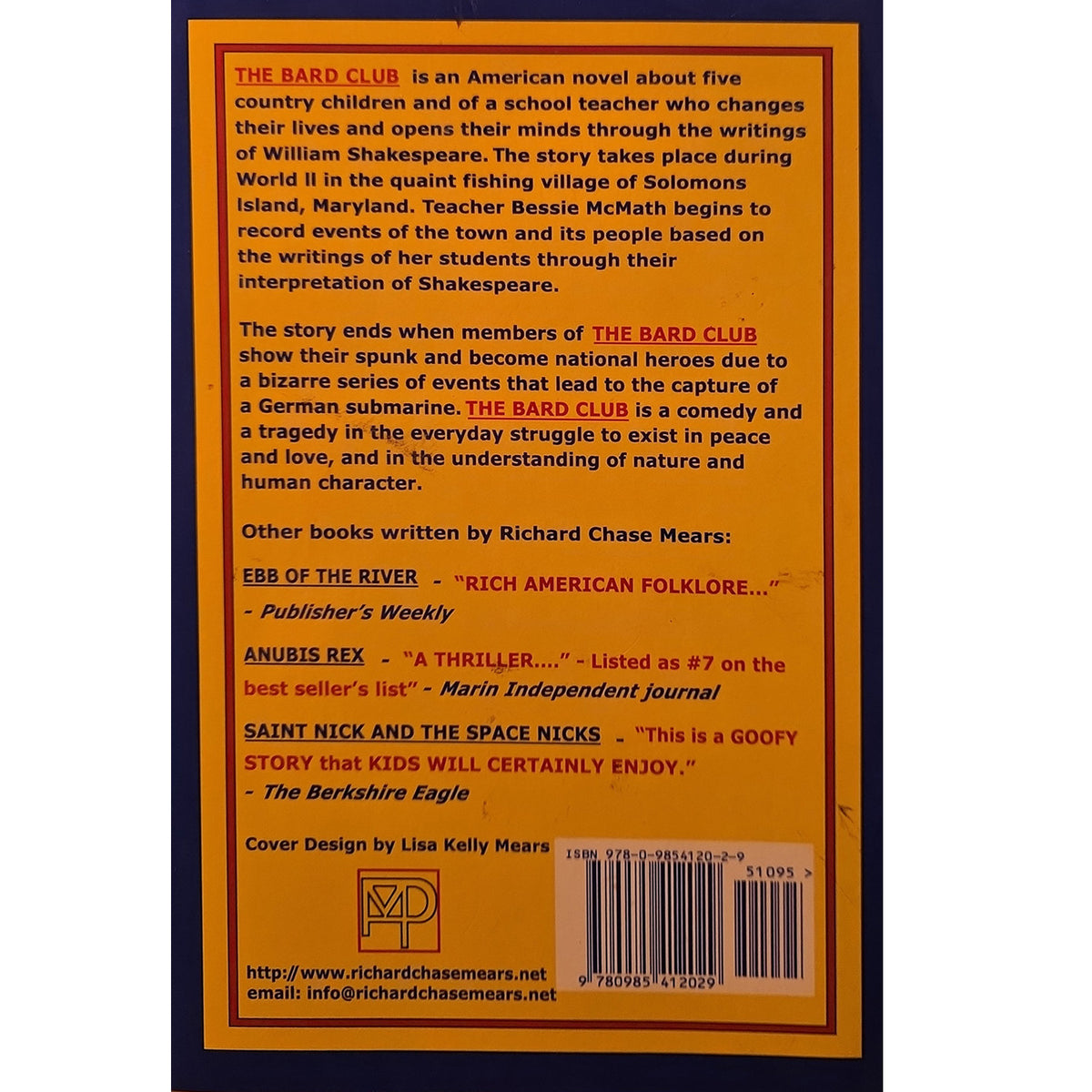 Back cover of The Bard Club describing a World War II story set on Solomons Island, Maryland.