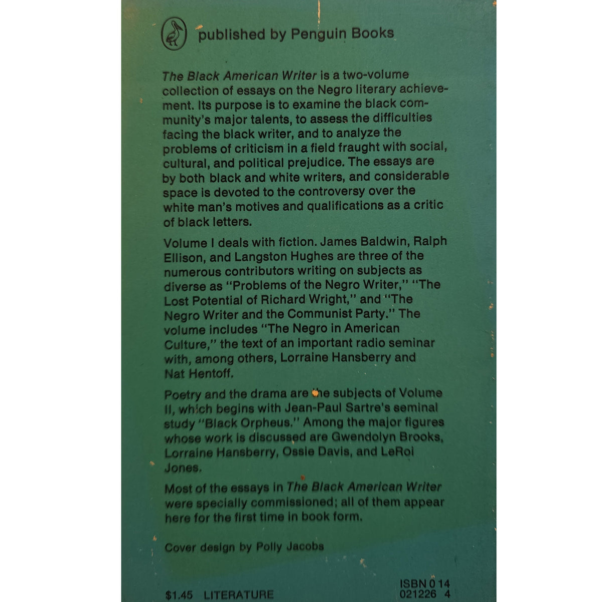 The back cover of the book 'The Black American Writer' published by Penguin Books, featuring a dark green background with white text and a white logo at the top.