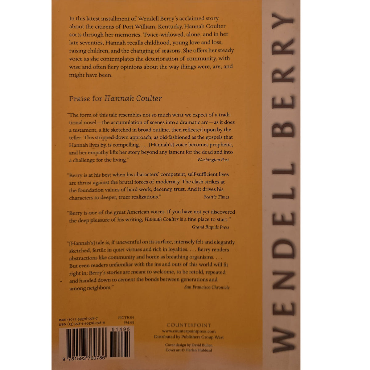 Back cover of the Counterpoint paperback Hannah Coulter, with a synopsis and reviews.