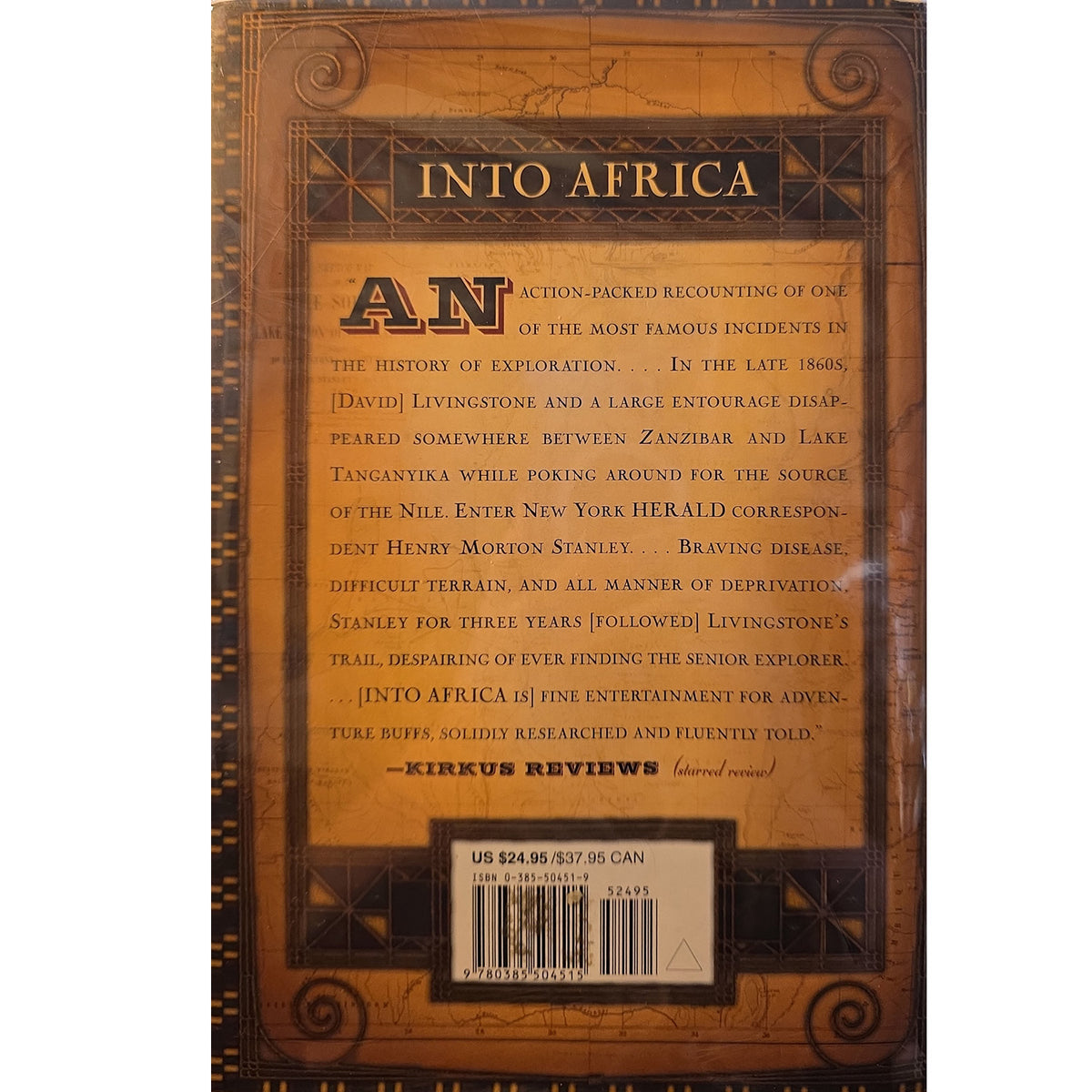 Back cover of the book 'Into Africa' showing a sepia-toned design with title text, review quote, barcode, and ISBN at the bottom.