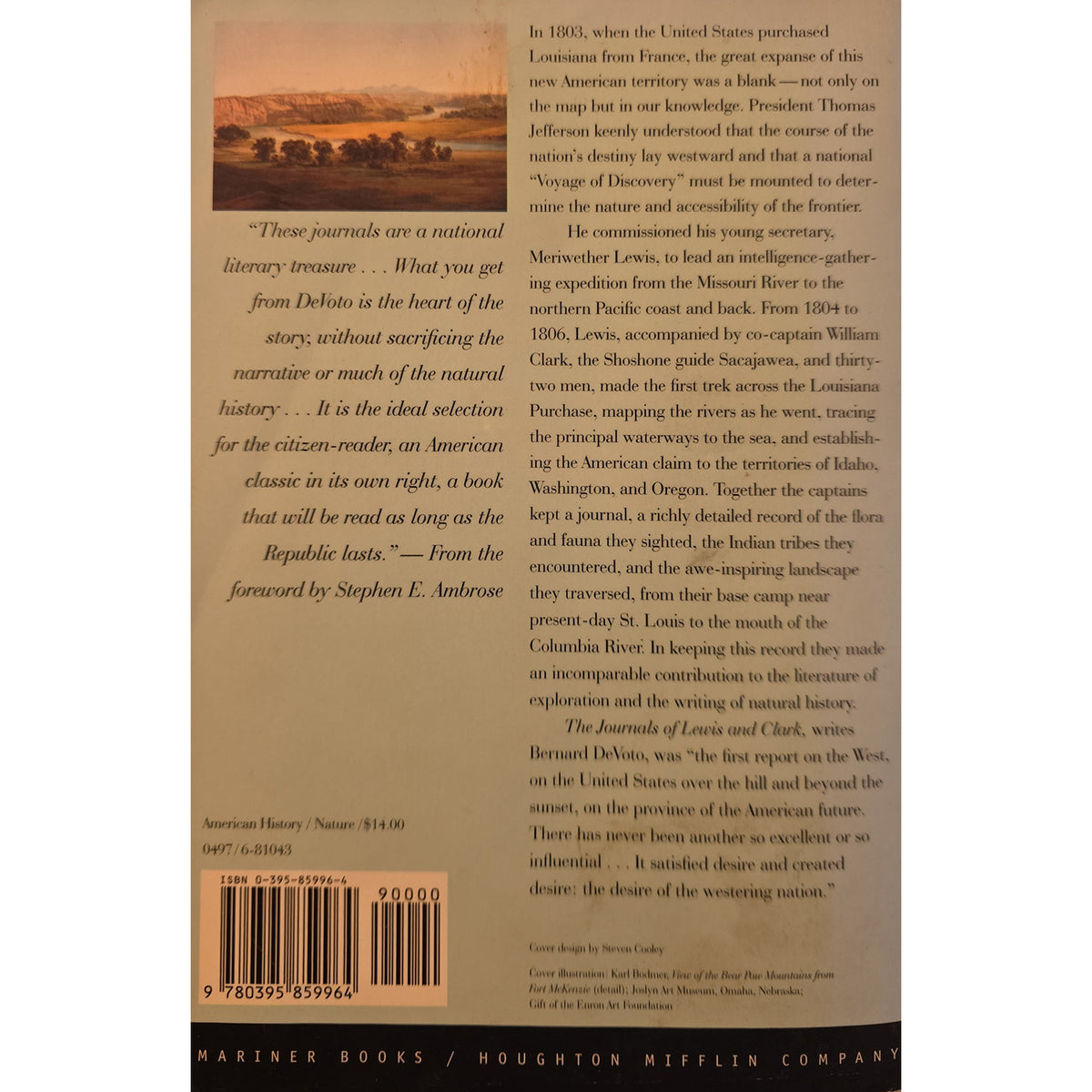 The back cover of a book, showing a sepia-toned landscape photograph at the top, several paragraphs of black text, a barcode with ISBN 9780595126900, and the publisher name Harper Books / Houghton Mifflin Company at the bottom.
