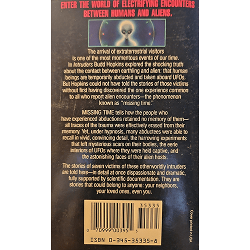 Back cover of a book with text about encounters between humans and aliens, featuring an alien image.