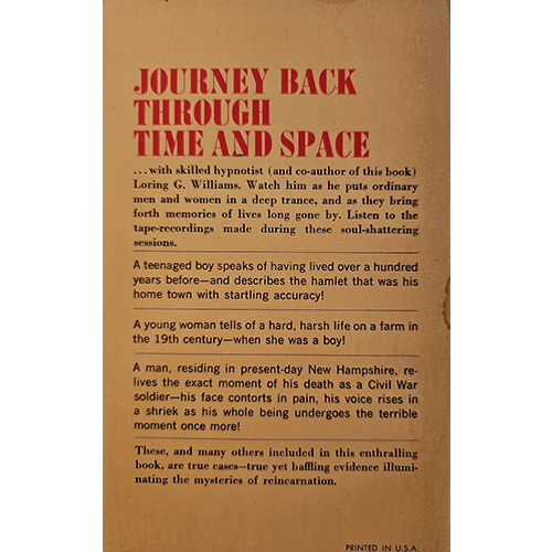 Book cover with text about a journey back through time and space, featuring a brown background and red text.
