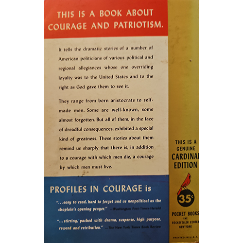 Book cover of 'Profiles in Courage' with text about courage and patriotism.