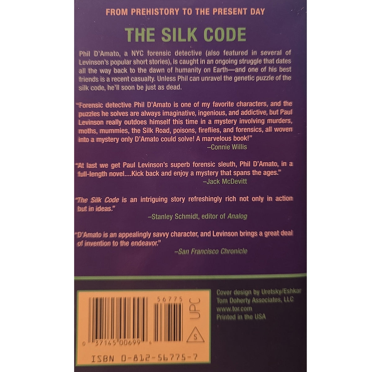 Back cover of the book 'The Silk Code' by Phil D'Amato, featuring a dark purple background with white and green text, a barcode, and review quotes.