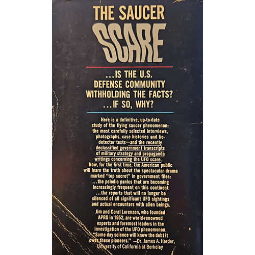 Back cover of 'The Saucer Scare' with text about UFOs and defense community.