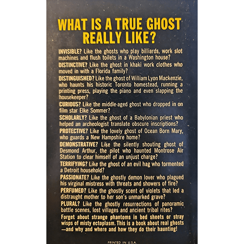 back cover with Text describing different types of ghosts on a dark background