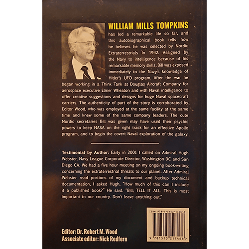 Back cover of a book with text and a photograph of a man, featuring William Mills Tompkins.