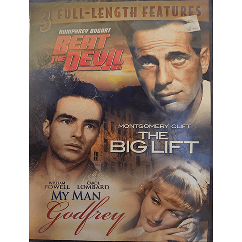 Cover of a DVD triple feature with Beat the Devil starring Humphrey Bogart, The Big Lift with Montgomery Clift, and My Man Godfrey featuring William Powell and Carole Lombard. Classic Hollywood portraits.