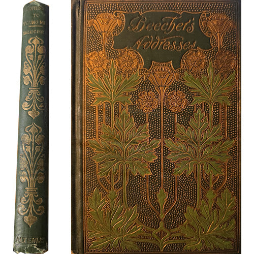 A vintage hardcover book shown standing upright with its spine visible on the left and the decorated front cover on the right. The cover is dark green with ornate embossed botanical motifs in metallic gold and olive tones, and the title 'Doocher's Addresses' is visible near the top.