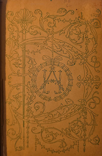 An ornate vintage-style monogram illustration featuring an A enclosed in a wreath, surrounded by elaborate scrolling floral and vine motifs, printed in dark green on a warm tan paper background.