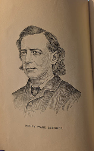 A vintage black ink engraved portrait of Henry Ward Beecher on a warm beige paper page, with his name printed below.
