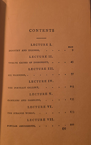 A printed contents page from a vintage book or pamphlet, showing the table of contents for lectures on industry and dishonesty, printed in black on aged tan paper.
