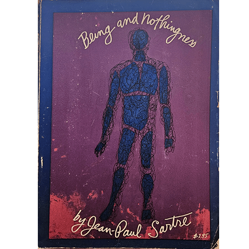 The cover of Being and Nothingness by Jean-Paul Sartre features a wire-frame human figure in blue, set against a purple and red background with handwritten yellow title and author text.