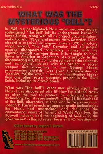 The back cover of a book titled 'What Was the Mysterious Bell?' by Joseph P. Farrell, featuring a dark red background with white and blue text, a black-and-white cover illustration, and a barcode at the bottom.