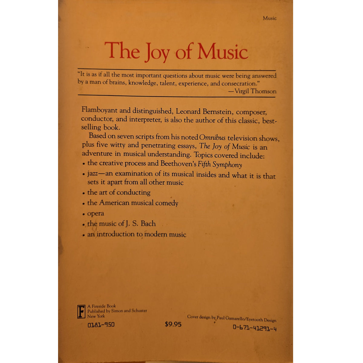 The back cover of the book 'The Joy of Music' by Vingil Thomson, published by Treble Book. The cover is a warm tan-brown color with red and black text.