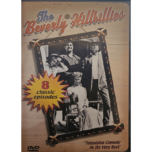 Cover of The Beverly Hillbillies: 8 Classic Episodes DVD, featuring the Clampett family in a wooden frame design with a bold “8 Classic Episodes” badge and tagline: "Television Comedy At Its Very Best."