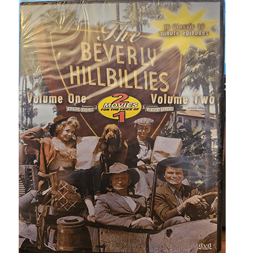 DVD cover of The Beverly Hillbillies Volumes One and Two featuring the Clampett family in their jalopy, promoting a double feature of 10 classic episodes with "2 movies for the price of 1" sticker.