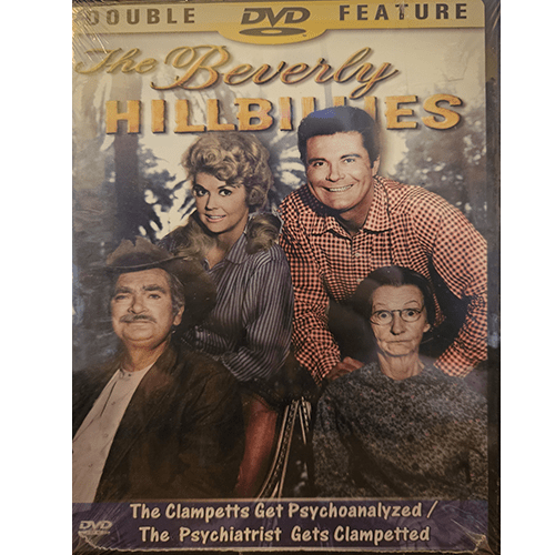 DVD cover of The Beverly Hillbillies Double Feature: The Clampetts Get Psychoanalyzed / The Psychiatrist Gets Clampetted. Features cast members smiling, with a bold title in orange.