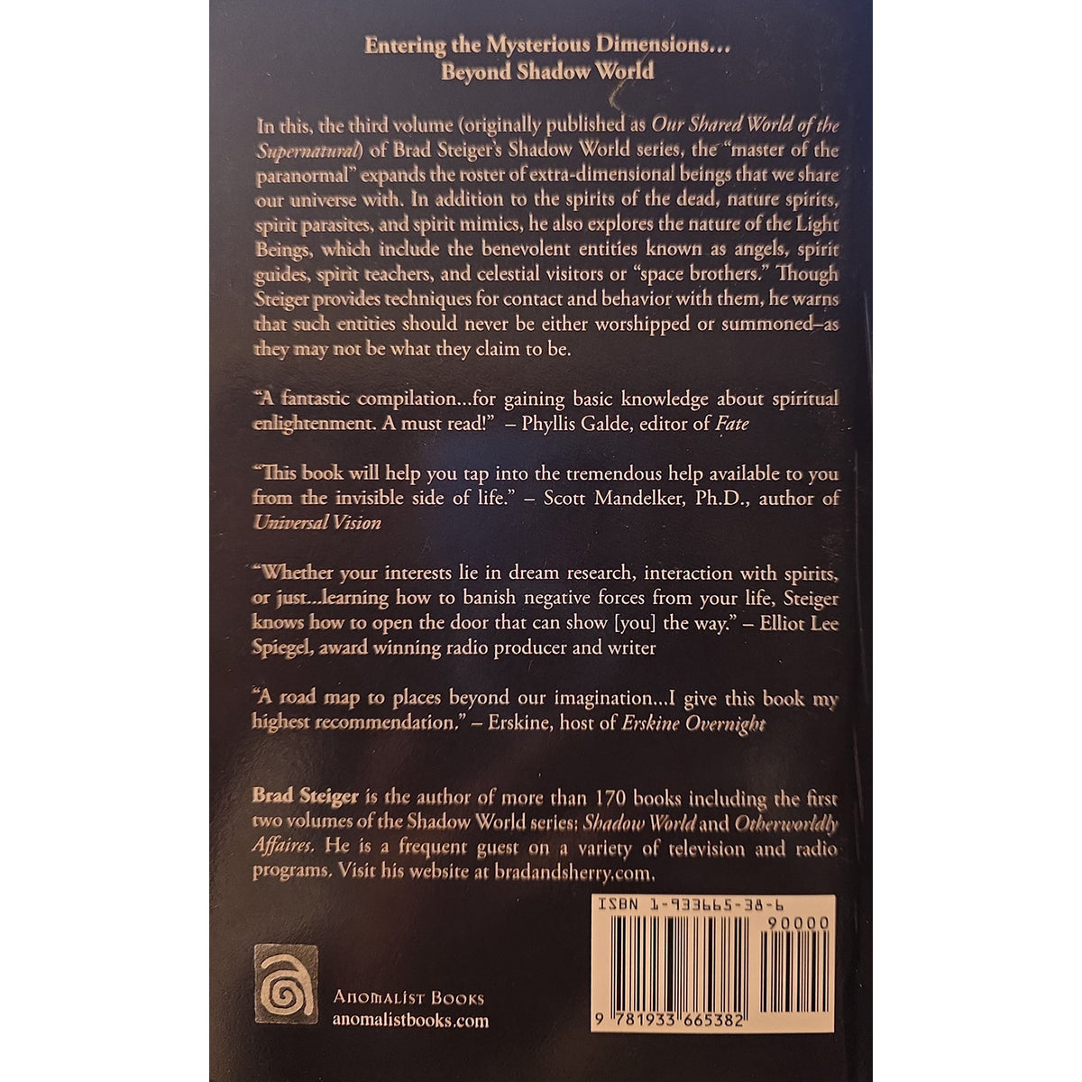 The back cover of a book showing the title 'Entering the Mysterious Dimensions.